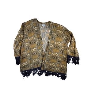 RVCA Kimono Cardigan Womens XS/S Yellow Black Fringe Boho Rayon W4504LYC